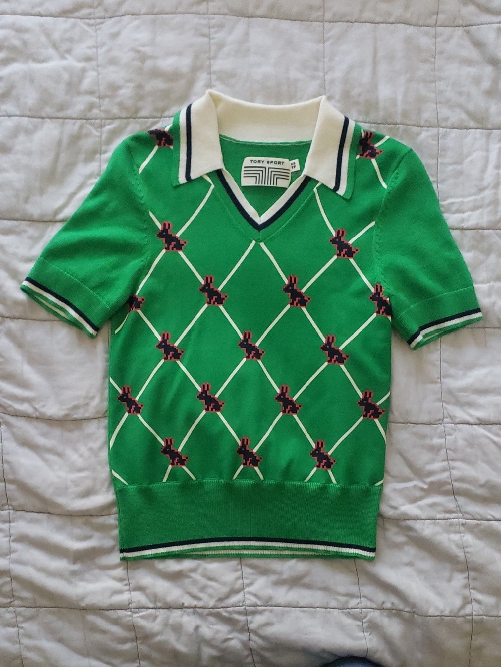 Tory Sport Green Short-Sleeve Polo with Lattice Rabbit Motif